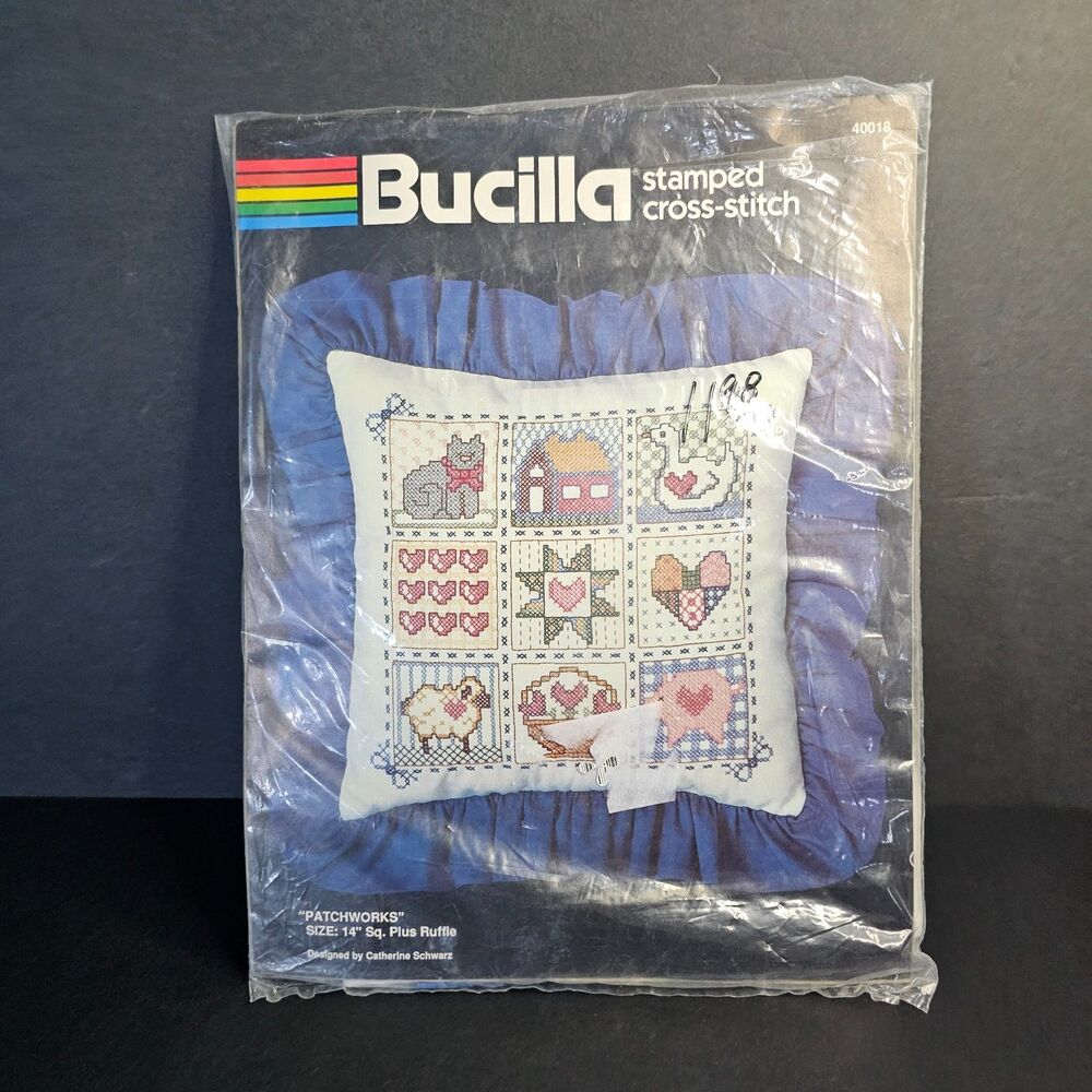 Vtg Bucilla Patchworks Stamped Cross Stitch Pillow Kit 16 In w Ruffle Open Pkg